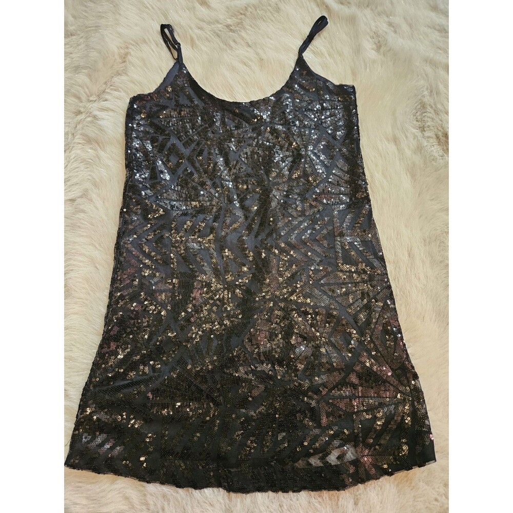 AQUA Black Sequin Mini Dress Women's XS Geometric Spaghetti Strap Party Cocktail